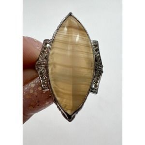 Vintage 925 Sterling Silver & Gold Filled Filigree and Jasper Art Deco Ring